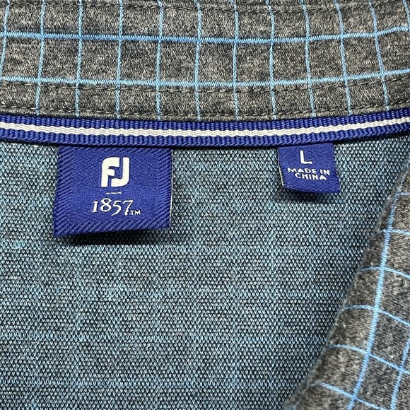 FootJoy FJ 1857 Polo Shirt Mens Large Gray Blue Check S/S Cotton Coolmax Stretch - Picture 3 of 8